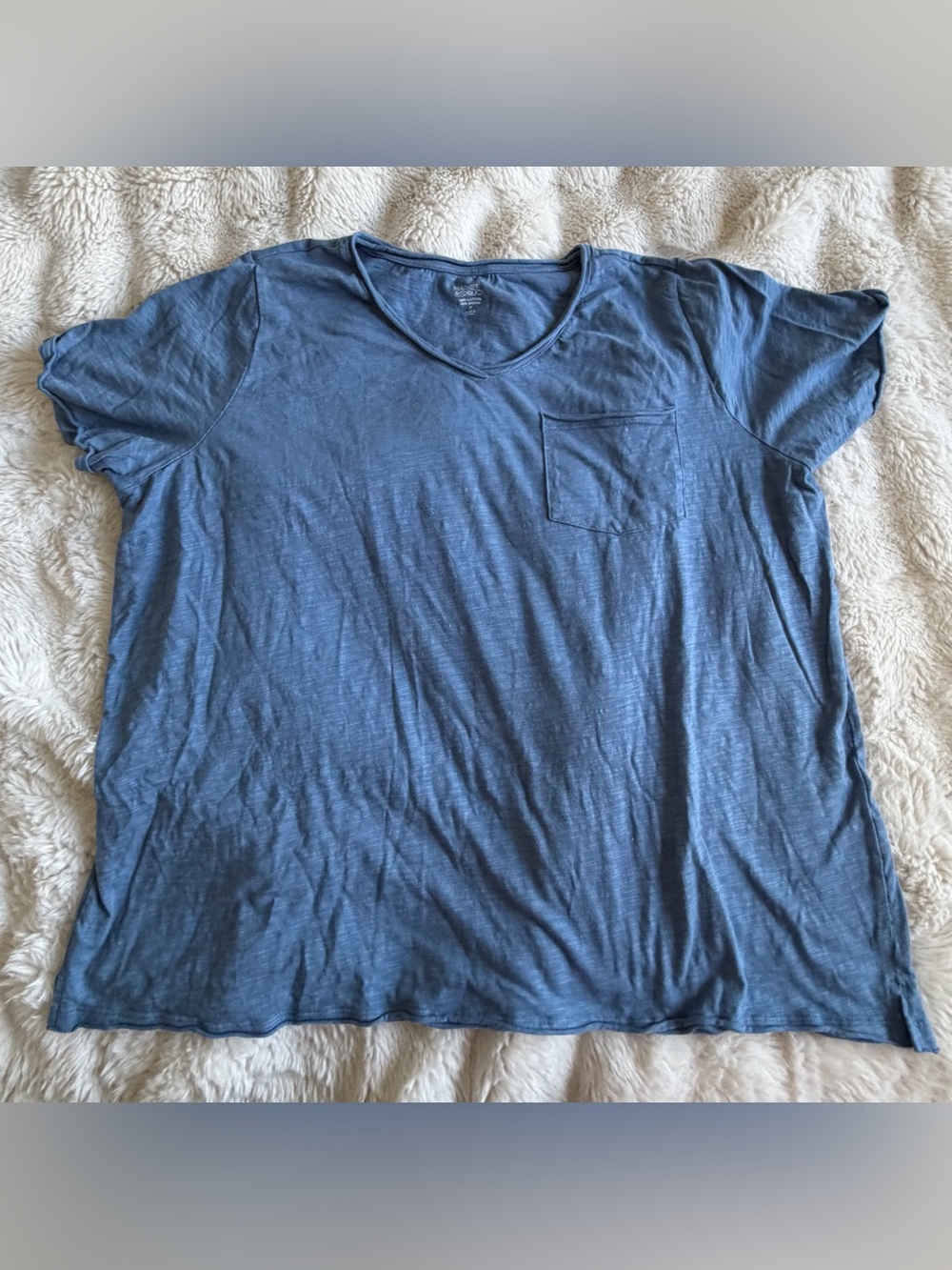 Market & Spruce 3X Blue Slub Knit V Neck Pocket Tee Split Hem